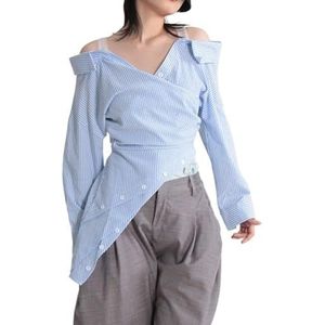 LoprNsdgt Zomer Off-Shoulder Gestreepte Tops Voor Vrouwen Slim Fit Lange Mouw Schattige Onregelmatige Shirts,Blauw,L