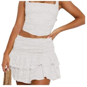 ABPWO Vrouwen Gele Mini Rokken Y2K Geplooide Ruche Bloemen Kant Korte Rokken Laagbouw Gelaagde Vloeiende Rokken Fairy Rok, Wit, L