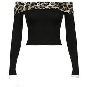 Leopard Shirt Women Leopard Print Patchwork Crop Top For Women Aesthetics Of Shoulder Long Sleeve T Shirts-Tops Only-S