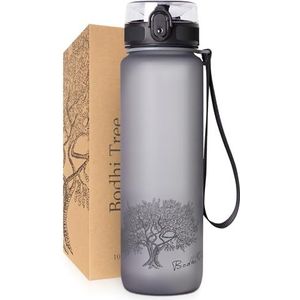 Bodhi Tree Waterfles - Drinkfles - Lekvrij, Licht - met Filter en Polsriem - BPA Vrij - Sportfles voor Fitness, Sport, School - Makkelijk Schoon te Maken - Geurloos - 1L - Grijs