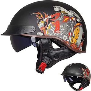 Motorhelm, Vintage motorfiets halve helm DOT/ECE goedgekeurde helmen zonneklep snelsluiting C,XXL(F,M(5556 CM))