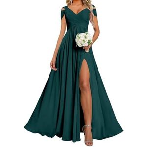 AHERKLL HAH038 Chiffon bruidsmeisjesjurk voor dames, met split, galajurk, plooien, cocktailjurk, grote maten, Turkoois, 32