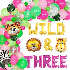 Jungle-thema 3e verjaardag Feestartikelen, WILD & DRIE Safari-ballonnen Garland Arch Kit voor meisje, Dierenballonnen, Groene kunstmatige palmbladeren voor derde verjaardag versieringen
