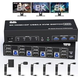 4K@144Hz KVM-switch 3 monitoren 4 computers 8K@60Hz 2 DisplayPort +1 Drievoudige monitor for met Naadloze Schakeling