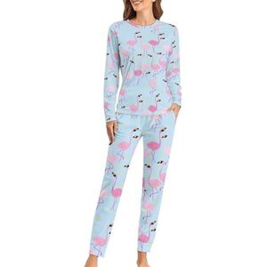 Roze flamingo patroon zachte dames pyjama lange mouw warme pasvorm pyjama loungewear sets met zakken 5XL