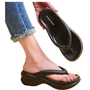 COTCLO Flip Flops Dikke Zool Wiggen Slippers Voor Vrouwen Zomer Clip Toe Platform Sandalen Vrouw Antislip Strand Slippers Outdoor Slides-Zwart, 35-36