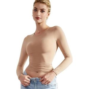 EMOTTOS Dubbel gevoerd getailleerd T-shirt - Dames Basic lange mouwen crop top, slim fit ronde hals lange mouwen, modieus skinny Y2K T-shirt, Champagne, S