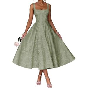 AHERKLL Spaghetti Bandjes Bruidsmeisjes Jurken Bloemen Satijn Jacquard Formele Avond Feest Maxi Jurk Thee Lengte HAH047, Sage Groen, 32