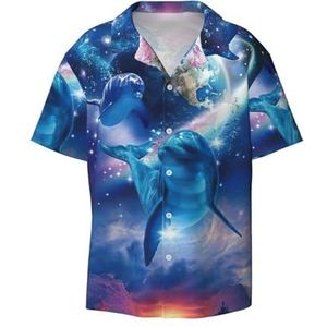EdWal Galaxy Dolphins Print Heren Korte Mouw Button Down Shirts Casual Losse Fit Zomer Strand Shirts Heren Overhemden, Zwart, L