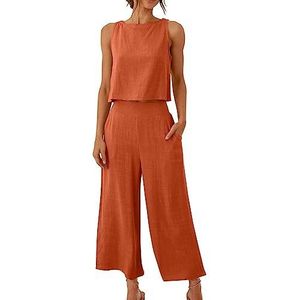 Women's Sets, Outfits Casual Linen 2 Piece, Cotton Linen Leisure Suit With Pockets, Summer Crop Top and Wide Leg Pants, 2023 Soft Breathable Solid Sets, Plain Loungewear,Oranje,M