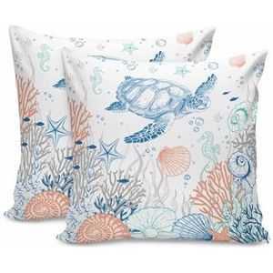 Set van 2 kussenslopen blauwe schildpad schelp oranje koraal zeeleven zee vierkante sierkussensloop comfortabele bankkussenhoes, voor binnen, meubels, bank, 45 x 45 cm