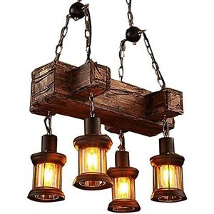 Creatieve retro houten hanglamp 4-vlam hanglamp E27 vintage industrieel decoratief voor keuken bar woonkamer