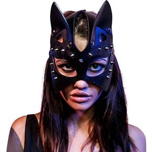 Roexboz Kattenmasker, PU-leer, half gezichtsmasker, kattenoor, sexy cosplay kat, Halloween, rave carnaval, maskerade masker voor heren en dames
