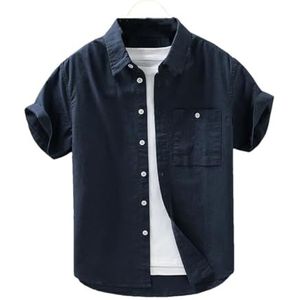 Dcvmvmn Mannen Mode Katoen Linnen Casual Shirts Casual Effen Korte Mouw Grote Maat Button-Up Shirt, donkerblauw, M