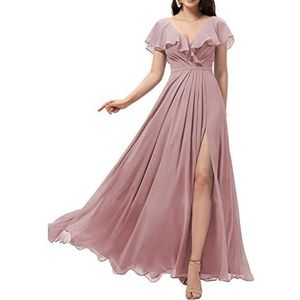 WSEYU V-hals Lange Bruidsmeisjes Jurken Met Split Chiffon A Line Ruffle Prom Toga's Met Zakken C087, Dusty Roze, 44
