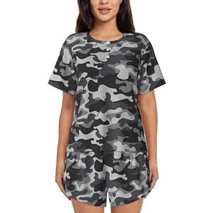 JIAWUJYNB Pyjamaset met abstracte camouflageprint voor dames met korte mouwen - comfortabele korte sets, nachtkleding met zakken, Zwart, L