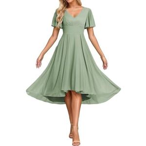 Korte Mouw Bruidsmeisje Jurken voor Bruiloft Hoge Lage Chiffon Formele Avond Party Maxi Gown Thee Lengte AH156, Sage Groen, 32