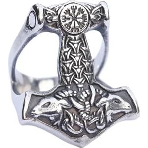 Mjolnir Ring Voor Mannen - Noordse Viking Kompas Schapenkop Thor's Hammer Ring - Roestvrij Staal Vintage Odin Keltische Knoop Vegvisir Dierenamulet Bescherming Sieraden (Color : Silver, Size : 12)
