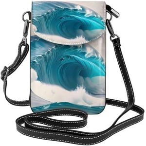 Waterval Views Patroon Dames Lederen Flap Telefoon Tas Multifunctionele Kleine Crossbody Tas Voor Dagelijks Gebruik En Reizen, Cartoon Blauwe Zee Golf, Eén maat