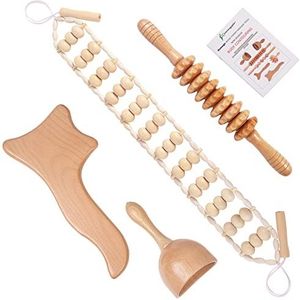 4-in-1 Maderotherapia Kit Houttherapie Massage Tools Houten Massager Roller Rope voor Lymfatische Drainage, Anti-Celluliet, Spierrelease, Lichaamsbeeldhouwen en contouren