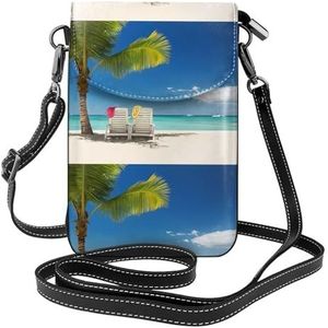 Strand Palm Tree Stoelen Boten Lederen Cross Body Flip Telefoon Tas Met Afneembare Schouderbanden, Gebruikt Voor Reizen, Dating, Vakantie Geschenken, Zwart, Eén maat