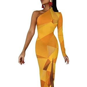 Abstracte gouden oranje veelhoek vrouwen halve mouw jurk avondfeest lange jurken cocktail split bodycon jurk L