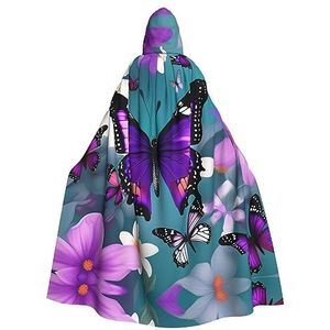 Bxzpzplj Paarse vlinder en bloemen print mystieke mantel met capuchon voor mannen en vrouwen, Halloween, cosplay en carnaval, 185 cm