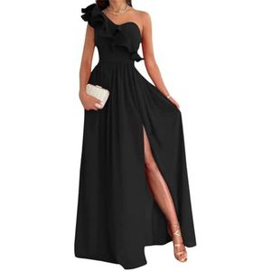 Damesjurk met één schouder voor bruidsmeisjes, fluweel, mouwloos, lange formele jurk met split, Zwart, 54