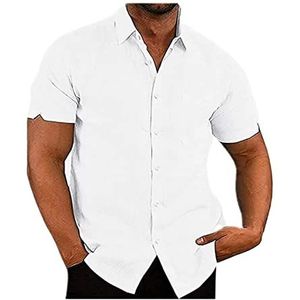 Herenoverhemden Korte mouw Zomeroverhemd Casual linnen overhemden Regular fit Vakantieoverhemd met zak(Blanc,4XL)