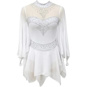 Nnnydjy Klassieke Schaatsprestatiejurk Met Kristallen Meisjes Gehaakte Lange Mouw Kunstschaatsrok Eenvoudige Royale Gymnastiekkleding Peuter Balletpakjes,Wit,11_13Years