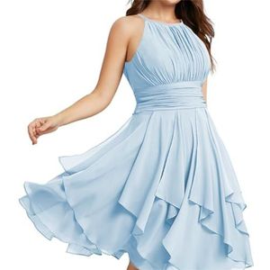 Halter Korte Bruidsmeisjesjurken A-lijn ruches geplooide zomer formele jurken met zakken voor vrouwen bruiloft, Hemelsblauw, 58