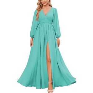 KURFACE Bruidsmeisjesjurken met lange mouwen en split geplooide chiffon formele jurk met mouwen formele jurk, Turkoois, 34