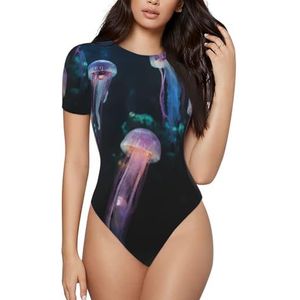 ELSMZXZD Bodysuit met korte mouwen voor dames - gekleurde kwallen bedrukt ronde hals bodysuit, rekbaar T-shirt top, casual slim fit turnpakje, 3 D, S