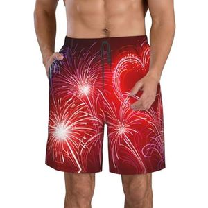 PHTZEZFC Red Hearts Fireworks Print strandshorts voor heren, lichtgewicht, sneldrogend trekkoord zwembroek met zakken, Wit, XL