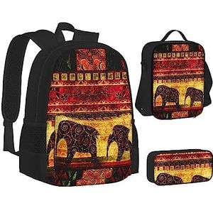 TOMPPY Afrikaanse olifant patchwork bedrukte boeken tas met lunchtas en etui voor elementair, 3 stuks rugzak sets, Zwart, Eén maat, Schooltas Set
