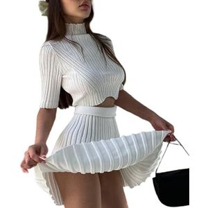 GKEIOSHQIL Dames 2-delige roksets Korte mouw Coltrui Crop Top Geribbelde Gebreide Mini Trui Rok Set,Wit,L