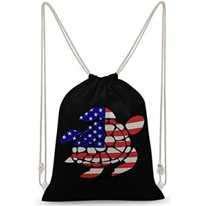 USA Vlag Zeeschildpad Trekkoord Rugzak String Bag Sackpack Canvas Sport Dagrugzak voor Reizen Gym Winkelen