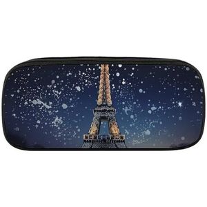 VFMKT Lederen Potlood Tas Waterdichte Leuke Pen Case Reizen Cosmetische Make-up Tas Organizer Pen Houder voor Mannen Vrouwen, Nacht Parijs Eiffel