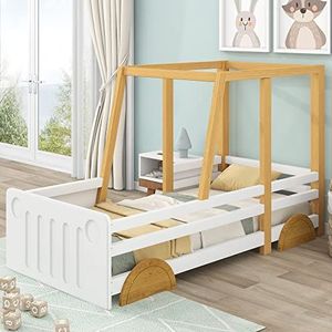 YuQozii Autobed, kinderbed met MDF-wielen, frame van grenen, wit + naturel (90 x 200 cm)