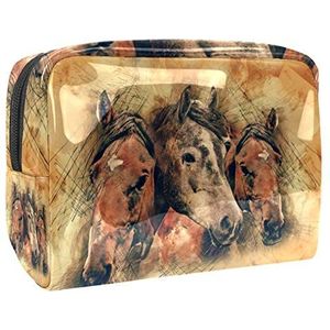 Make-uptas PVC toilettas met ritssluiting waterdichte cosmetische tas met hoofd paard dier vintage aquarel voor vrouwen en meisjes