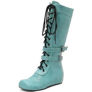 Retro Britse stijl dames vooraan veterschoenen patchwork ridder lange laarzen,Groen,34 EU