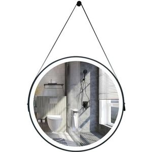 Ronde Spiegel, LED-Badkamerspiegel Wandgemonteerde Hangende Make-Upspiegel met Lederen Band 3 Kleuren Anti-Condens Wandgemonteerde Verlichte Spiegel (Size : 50cm, Color : B)