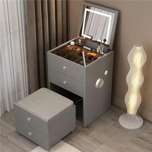 Kaptafel, Vanity Desk Set met LED-verlichte spiegel en USB-opladen, multifunctionele flip-top make-uptafel met Bluetooth-luidspreker, kaptafel met laden en opbergkruk, for slaapkamer, grijs, 60 cm/23,