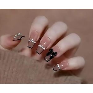 , 24 stuks, Franse manicure met zwarte strik en strass ontwerp, vierkante tips