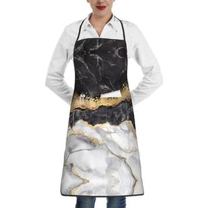 ZhaoYuGoods Aquarel bloemenpatroon schorten met zakken voor vrouwen, stijlvolle kookschorten voor keuken tuinieren salon, ideale print schort, Zwart Wit Goud Folie Marmer, Eén maat