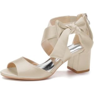 GHSIRUEU Vrouwen Hak Sandalen Strik Knoop Cross Strap Open Toe Block Chunky Heels Sandalen Bruids Wedding Dress Schoenen Pompen,Champagne,35 EU