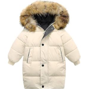 Lengender Donsjack voor meisjes, kinderen, parka, jas, capuchon, lange jas, kunstbont, warm, winter, Een Beige, 110 cm