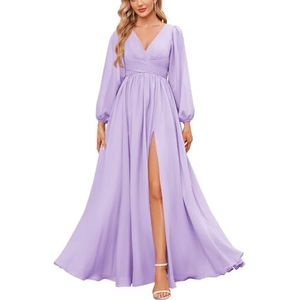 KURFACE Bruidsmeisjesjurken met lange mouwen en split geplooide chiffon formele jurk met mouwen formele jurk, Lila, 32