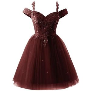 YIANN Sprankelende pailletten tule thuiskomst jurken voor tieners kant applicatie koude schouder cocktail party jurk, Bordeaux, 32