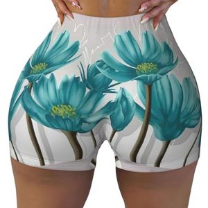 Jkkghll Blauwgroen Grijs en Wit Bloemenprint Workout Shorts Stijlvolle Fitness Training Zomer Workouts Gym Sessies Dagelijks Dragen, Zwart, S